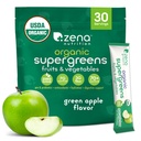 Zena Nutrition Organic Super Greens Pulveris, 70+ Superfoods, 0 Cukurs, 3G Fiber, Spirulina, Hlorella, Antioksidanti, Prebiotikas/Probiotikas, Gremošanas enzīmi, Green Apple, 30 Drink Mix Packets
