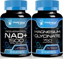 Magnija glicināta kapsulas - 750mg - Magnija Papildinājums Augsta Absorbcija Papildinājums - NAD, 1500mg - Liposomu NAD+ Papildinājums ar Resveratrol