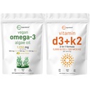 Micro Ingredients D3 vitamīns 5000iu + K2 100mcg Softgels & Vegan Omega 3 Aļģu eļļa Papildinājums Bundle 2 Iepakojums • Essential Sunshine Vitamīni