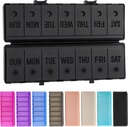 Salokāms Pill Organizators 2 reizes dienā ar / norādāmās etiķetes - Divējāda aizsardzība & Portable Weekly PM Pill Box, 7 Day Medicine Konteiners, liels ceļojumu Pill Case Week Daily Summit Vitamīns - visi melni