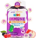 Kids Multivitamīnu + Imūnās atbalsta Gumijas, vitamīns C D3 & Cinka, Omega-3, A, E, plūškoka, Kids Vitamīnu Gumijas veselīgai attīstībai, Imunitāte, kaulu augšana un acu veselība, bez cukura, 60 Cts