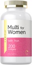 Carlyle Multivitamīnu sievietēm ar dzelzi, 200 Softgels ; Essential Vitamīni, Minerals un Omega; Uztura atbalsta papildinājums; bez GMO un lipekļa