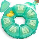 Round Weekly Pill organizētājs, TPU gumijots, Travel Pill Container 7 Diena, ar 7 lieliem iecirkņiem, liels dienas vitamīniem un papildinājumiem, Cute Pill Case ar lieliem burtiem un Braila rakstā (zaļš)