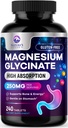 Magnija glicinate Chelated for Max Absorbcija - Atbalsta kaulu, muskuļu, nervu un sirds veselības, dabas miega un stresa atbalsts, Labākais magnija papildinājums tabletes visa ķermeņa atbalstam - 240 tabletes