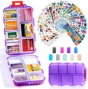 14 Grids Travel Pill Organizators Box with 415-Pcs Medicine Name Labels, Pocket Daily Pharmacy Case Container, Travel Medication Holder Dispenser Komplekts zivju eļļai Vitamīnu Papildinājuma uzglabāšana - Clear Purple
