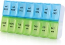 7 Day Weekly Pill organizator, Large Daily Pill organizator 2 reizes dienā, AM PM Pill Case, Day Night Pill Container 7 Day 14 Iedalījumi tabletes vitamīnu zāles (Blue+Green)