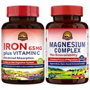 Vitalitown Magnija kompleksa papildinājums 500mg & 65mg Dzelzs papildinājums sievietēm vīriešiem, miegam, muskuļiem, asinsrades un enerģijas uzlabošanai