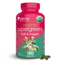 Zena Nutrition Organic Super Greens Fruit & Veggies Pielikums, 70+ Pārtikas produkti no augļiem un dārzeņiem, 3g Fiber, Spirulina, Hlorella, Prebiotikas un probiotikas, Gremošanas enzīmi, 180 kapsulas