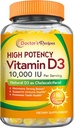 Ārsta receptes D3 vitamīns 10000 SV, kauli, zobi un imūnās sistēmas atbalsts, ne-ĢMO, nav želatīna, lipekļa vai sojas, 90 dienu piegādes, 180 Veģetāri softgeli