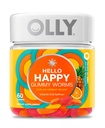 OLLY Hello Happy Gummy Worms, Mood Balance Support, Vitamīns D, Saffron, Pieaugušo Košļājamā Papildinājums, Tropu Zing - 60 Skaits