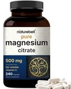 NatureBell Magnija citrāts 500mg, 240 Kapsulas - Augstas tīrības pakāpe - Sirds, muskuļu un gremošanas atbalsts -- Ne-GMO, bez lipekļa