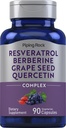 Piping Rock Resveratrol Berberine Vīnogu sēklu & Quercetin Complex - 90 Kapsulas - Veģetārs, nav GMO, un bez lipekļa papildinājums