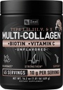 Premium Multi-kolagēna peptīdi Proteīna pulveris (1, 2, 3, 5 un 10) ar C vitamīnu, biotīns, hialuronskābe, matu ādai un nagiem - jūras, liellopu, vistu un olu čaumalu (neuzliesmojošs, 45 Servējumi)