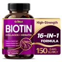 GriMed BIOTIN ar kolagēnu + keratīnu 7,275mg Spēcīgi nagi un mati, radianta āda, Veselīga novecošana- ASV Ražots un pārbaudīts (150 Grāfs (1. iepakojumā))