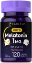 Carlyle Kids Melatonin 1mg - 120 Košļājamās tabletes -- Augļi Flavor -- Veģetārs papildinājums -- Non-GMO, bez glutēna formula