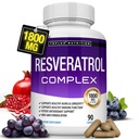 Resveratrol papildinājums 1800 mg Antioksidantu komplekss - augstas intensitātes dabas Trans-Resveratrol tabletes veselīgai novecošanai, vispārējais veselības atbalsts, Imūnsistēma, smadzeņu funkcijas, vīriešiem, 90 kapsulas