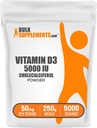 BulkSupplements.com D3 vitamīna pulveris - Holekalciferols, D vitamīna piedevas, 5000 SV - bez lipekļa, 50mg (125mkg D3 vitamīna), 250g (8,8 oz) (1. iepakojuma)