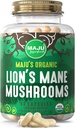 Maju Superfoods Organic Lions Mane Mushroom Capsules 90ct, Fruiting Bodys Tvaika ekstrakts, Organiskās sēnes ar melno piparu ekstraktu, Hericium Erinaceus