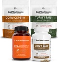 Īstās sēnes RealBoost (60ct), Lions Mane (120ct), Cordyceps & Turkey Astes sēņu pulveris un kapsulas Bundle - Sēņu papildinājums enerģijai, Vitalitātei, izturībai un izziņas - Vegan, Non-GMO