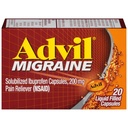 Advil Migraine Galvassāpes Reliefs, Ibuprofēns Kapsulas ar Ibuprofēnu 200 mg Migraine Relief, slikta dūša Relief un gaismas jutīgums Relief - 20 šķidrās pildītās kapsulas