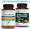 Pure Nutrition Ultra Kalcijs 1000mg un Vesela pārtika Sievietes Multivitamīni 1500mg veselīgu kaulu, locītavu un vispārējo labsajūtu. Ultra Kalcijs 120 Tabs + Sievietes Multivitamīni 90 Tabs.