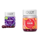 OLLY Miega gumija ar Melatonīnu, L-teanīnu, botāniku, BlackBerry Flavor, 50 grāfu un Debesu matu gumija ar Keratin, Biotin, AMLA, Tropu apelsīnu Flavor, 60 grāfu paka