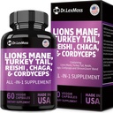 Lauvas Mane 3000mg, Turcija Taile 3000mg, Reshi 1000mg, Cordycps 10o0mg, Chaga 1000mg, Maitake Meshima Poria Cocos Shiitake Oyster Porconi Enoki ar sēņu piedevu, 60 kapsulas