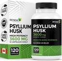 Atjaunot aktīvās vielas Psyllium Husk 1200MG per 2 kapsulas – Bulk-Forming Laxative & Soluble Fiber gremošanas veselībai, regularitāte un pieaugušo labsajūtu – Pure Ingredients – Ražots Kanādā – 120 Kapsulas