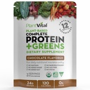 Plantvital Vegan Protein Powder Plant Based, Organic Protein Powder Chocolate 24g/0g Cukurs, 12 Superfoods, Veggies, Probiotikas, Raw Cocoa, Kale, Beets, Spirulina, Pea, Gluten-Free, Keto-Friendly,16oz