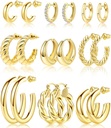 Adoyi 9 Pāri Zelta Hoop Auskari Komplekts sievietēm Twisted Huggie Hoops Auskari 14K 18K Zelts Izklāts meitenēm Valentīna Mātes diena Dzimšanas dienas dāvanas Gaišs