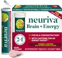 NEURIVA Brain + Enerģijas papildinājums ar klīniski pārbaudītiem neirofaktoriem fokusam un koncentrācijai, vitamīns B12, un 150mg kofeīna tūlītējai enerģijas palielināšanai, 30ct ķiršu limeādes putojošās tabletes