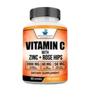 Amerikāņu standarta papildinājumi vitamīns C 2000mg, cinks 40mg, un Rose Hips 50mg Per Servē, Vegan, bez lipekļa, ne-GMO (120 Skaits)