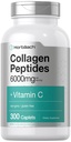 Horbäach kolagēna peptīdi 6000 mg - 300 Kapleta tabletes ar C vitamīnu --- hidrolizētu kolagēna papildinājumu -- ne-GMO, bez lipekļa