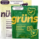 Gruns Superfood Green + New Nütrops Gummy Bundle, Organic Nutritional Papildinājums 2 x 28 Pack: Multivitamīnu, prebiotikas, adaptogens + Nootropic Mushroom augu papildinājums, lai atbalstītu Mood, Focus, Gut