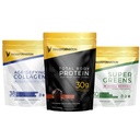 Transformācija Šokolādes proteīns Pulveris 30G Multi-proteīna Superblend+ Zāles-Fed Hidrolizēti kolagēna peptīdi Pulveris- mati, āda, naglas+ Organic Super Greens Superfood pulveris- Imūnās un enerģijas atbalsts