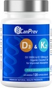 CanPrev D3 & K2 Vitamīni 120 Softgels, 120-Day Supply, 1000IU Vitamīni D3 & 120mkg K2, atbalsta spēcīgus kaulus, zobus un sirds labsajūtu, viegli uzsūc ar organisko kokosriekstu eļļu, bez ĢMO, lipekļa, sojas, piena