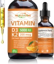Organiskais vitamīns D3 + K2 Drops: 5000 SV Uz augu bāzes bāzēta D3 & 200mcg K2 Šķidruma piedevas; Ātra Imūnsupporta absorbcija, Kaulu veselība un sirds aprūpe; Vegan, ne-GMO (30ml)