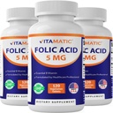 Vitamatiskā folijskābe 5 mg (5000 mcg) – 120 Veģetārās tabletes pudelē – vitamīns B9 (folāts) – 3 iepakojums – kopā 360 tabletes
