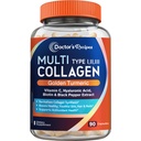 Ārsta receptes Multi-kolagēna peptīdi ar Zelta Turmeriku, C vitamīnu, Biotīnu, Hialuronskābi un melnajiem pipariem, kolagēna piedevas ādai, matiem, nagiem, kolagēns sievietēm un vīriešiem, 90 Caps