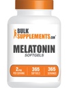 BulkSupplements.com Melatonin Softgels - Melatonīna papildinājums, Miega palīglīdzekļi pieaugušajiem - bez lipekļa, 1 Softgel per Serving (2mg), 365 grāfs (1. iepakojums)
