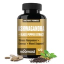 NooMost Ashwagandha 1200mg Papildinājums - 10% Witanolides with Black Pepper Extract - Pure Root Extract Stresa atvieglošanai, veicina enerģiju, Mood, Helaty Miega vīriešiem un sievietēm - 120 kapsulas