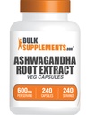 BulkSupplements.com Ashwagandha Root Extract Capsules - Ashwagandha 600mg, Ashwagandha Papildinājums, Ashwagandha Root Capsules, Vegan & Gluten Free, 1 Capsules per Servē, 240 Veg Capsules