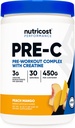 Nutricost Pre-C Pre-Workout komplekss ar kreatīnu (Peach Mango 30 Servings) Pulveris - Boost Fintess Routines, 450g