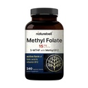 NatureBell Metilfolāts 15mg - 240 Kapsulas - 5-MTHF ar metil-B12-15mg L-metilfolātu un 1000mkg B12 vitamīna - Enerģijas un kognitīvā atbalsta papildinājums* - Bez lipekļa un ne-GMO