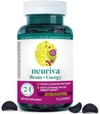 NEURIVA smadzenes + enerģijas gumijas, nootropās smadzenes piedevas fokusam un koncentrācijai ar neirofaktoru, vitamīns B12 un kofeīns enerģijas veicināšanai*, 75ct Natural BlackBerry