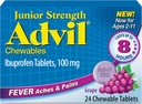 Advil Junior Strength Košļājamās Ibuprofēns Sāpes Reliver un drudzis Samazinātājs, Bērnu Ibuprofēns sāpju atvieglošanai, Vīnogu - 24 tabletes